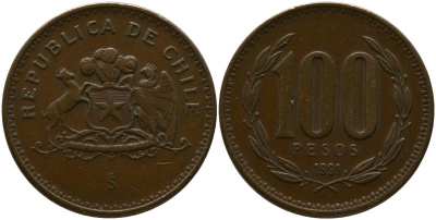 Чили 100 песо 1991 So KM 226.2, Schon 71 алюминиевая бронза 4544-925