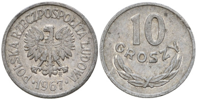 Польша 10 грошей 1967 MW KM AA47, Parchimowicz 206f алюминий 4602-232