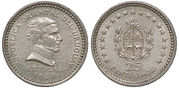 Уругвай 25 сентесимо 1960 KM 40 медно-никель 4169-855