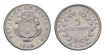 Коста-Рика 5 сентимо 1958 KM 184.1a нержавеющая сталь 4627-812