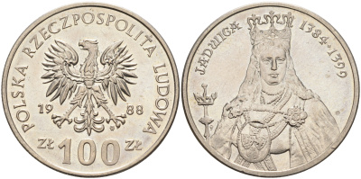 Польша 100 злотых 1988 MW, серия Польские правители, королева Ядвига (1384-1399) KM 183 медно-никель  UNC  4593-1121