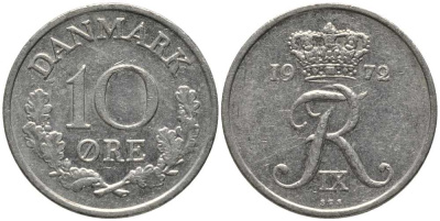 ДАНИЯ 10 ЭРЕ 1972 S; S, ФРЕДЕРИК IX (1947-1972) KM 849.2 медно-никель 116-234