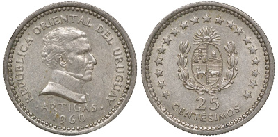 Уругвай 25 сентесимо 1960 KM 40 медно-никель 4169-855