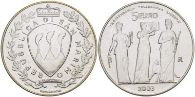 Сан-Марино 5 евро 2003 три грации KM 468 серебро UNC 1087-6-51