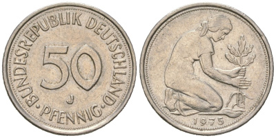 ФРГ 50 пфенингов 1975 J KM 109 медно-никель UNC 4529-624