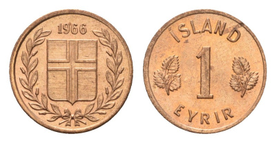 Исландия 1 эйре 1966 KM 8 бронза UNC 4690-741