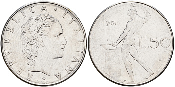Италия 50 лир 1981 R, кузнец KM 95.1 нержавеющая сталь    4153-231