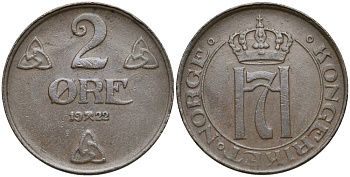Норвегия 2 эре 1922 Хокон VII (1905-1957) KM 371 бронза 27-252