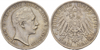 Пруссия 3 марки 1909 Вильгельм II (1888-1918) KM 527, J. 103 серебро 413-1444