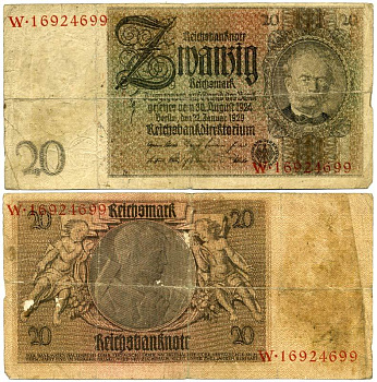 ГЕРМАНИЯ 20 РЕЙХСМАРОК 1929 Pick 181a бумага 3295-80-1