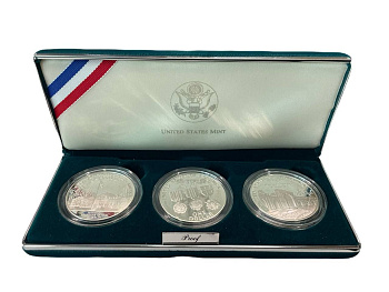 США официальный набор из 3 монет (1 доллар) 1994 Мемориал ветеранов Вьетнама, Национальный музей военнопленных и Мемориал женщинам на военной службе KM 250, 251 и 252 серебро PROOF 2-4-2-02