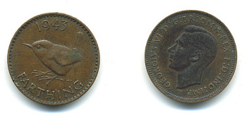 Великобритания 1 фартинг 1943 Георг VI (1936-1952) KM 843, Spink 4116 бронза 540-213