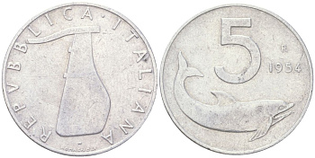 Италия 5 лир 1954 R, плуг, дельфин KM 92 алюминий 4613-843