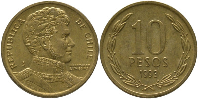Чили 10 песо 1993 So KM 228.2, Schon 82 алюминиевая бронза aUNC 4544-511