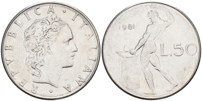 Италия 50 лир 1981 R, кузнец KM 95.1 нержавеющая сталь    4153-231
