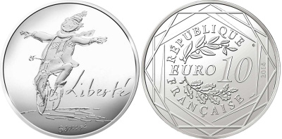 Франция 10 евро 2014 карикатуры Жан-Жака Сампе, зима-свобода, человек в шарфе на велосипеде, в оригинальном буклете KM NEW серебро UNC 1-4-3-05