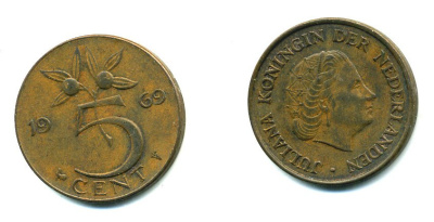 Нидерланды 5 центов 1969 Юлиана (1948-1980) KM 181 бронза 76-436