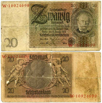 ГЕРМАНИЯ 20 РЕЙХСМАРОК 1929 Pick 181a бумага 3295-80-1