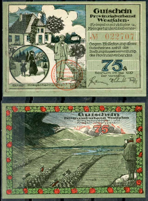 Германия, Бохум 75 пфеннигов 1920 нотгельд, на поле боя Li. 121, M 128.1 бумага UNC (пресс) 444-66-3-2