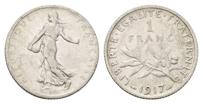 Франция 1 франк 1917 KM 844 серебро 93-255