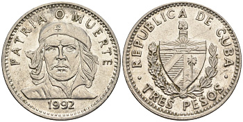 Куба 3 песо 1992 Эрнесто Че Гевара KM 346, JMA 98, Schoen C34 сталь плакированная никелем 4117-443