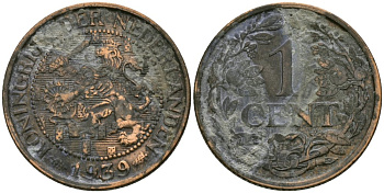 Нидерланды 1 цент 1939 Вильгельмина (1890-1948) KM 152 бронза 4576-1141