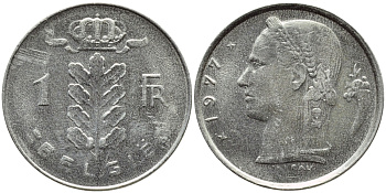 БЕЛЬГИЯ 1 ФРАНК 1977 BELGIE KM 143.1 медно-никель 4379-455