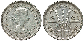 Австралия 3 пенса 1961 m, Елизавета II (1952-2022) KM 57 серебро 71-767