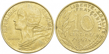 ФРАНЦИЯ 10 САНТИМОВ 1967 ТИП MARIANNE KM 929 медь алюминий никель 4516-839