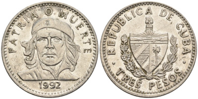 Куба 3 песо 1992 Эрнесто Че Гевара KM 346, JMA 98, Schoen C34 сталь плакированная никелем 4117-443