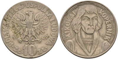 Польша 10 злотых 1969 MW, Николай Коперник KM 51a медно-никель    4148-1254