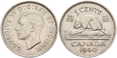 Канада 5 центов 1940 бобр, Георг VI (1937-1952) KM 33 никель 4592-947