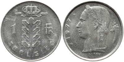 БЕЛЬГИЯ 1 ФРАНК 1977 BELGIE KM 143.1 медно-никель 4379-455