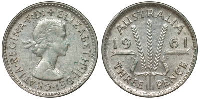 Австралия 3 пенса 1961 m, Елизавета II (1952-2022) KM 57 серебро 71-767