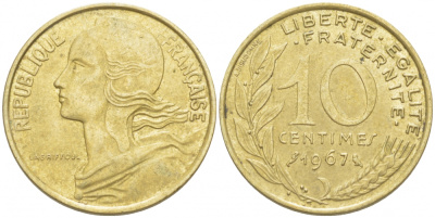 ФРАНЦИЯ 10 САНТИМОВ 1967 ТИП MARIANNE KM 929 медь алюминий никель 4516-839