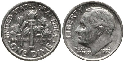США 10 ЦЕНТОВ = 1 ДАЙМ 1992 Р, РУЗВЕЛЬТ KM 195а медь плакированная медно-никелем 112-637