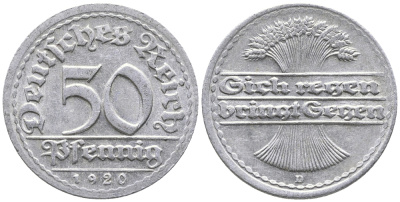 ГЕРМАНИЯ 50 ПФЕННИГОВ 1920 D KM 27, J. 301 алюминий 24-945