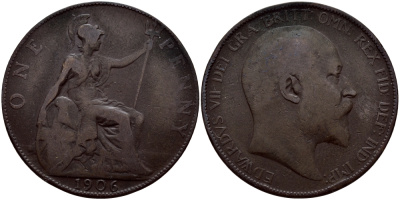 Великобритания 1 пенни 1906 Эдуард VII (1901-1910) KM 794.2, Spink 3990 бронза 75-312