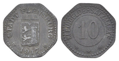 Фленсбург 10 пфеннигов 1917 Funck 131.3, Men05 7331.6, Men18 9227.6 цинк 4636-732