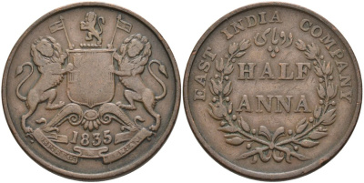 Британская Индия 1/2 анна 1835 M, Британская Ост-Индская компания, Мадрас, диаметр 30,8 мм. KM 447.1 медь 88-921
