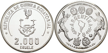 Экваториальная Гвинея 2000 экуэле 1979 чемпионат мира по футболу в Аргентине 1978 года, вес 42,87 гр., тираж 195 экз. KM 38 серебро PROOF 04-320-43