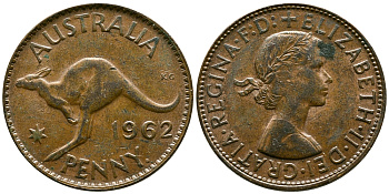 АВСТРАЛИЯ 1 ПЕННИ 1962 p, ЕЛИЗАВЕТА II (1953-), КЕНГУРУ KM 56 бронза 61-1035