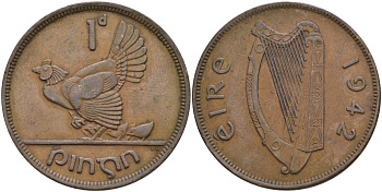 Ирландия 1 пенни 1942 курица с цыплятами KM 11 бронза 4149-334
