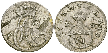 Саксен-Веймар-Эйзенах 6 пфеннигов 1756 FS, Эрнст Август II Константин (1748-1758), монограмма KM 15 , Merseburger 3979 серебро    99-969