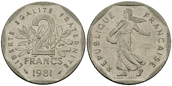 Франция 2 франка 1981 сеятель KM 942.1, Le Franc 272.3 никель 4120-1114