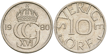 Швеция 10 эре 1980 Карл XVI Густав (1973- ) KM 850 медно-никель 4364-3626
