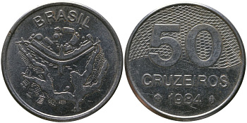 Бразилия 50 крузейро 1984 KM 594.1, Schon 103 нержавеющая сталь 4519-416
