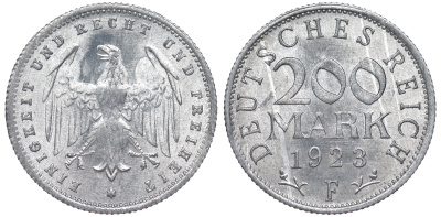 Германия 200 марок 1923 F KM 35, J. 304, Weege 22 алюминий 4604-624