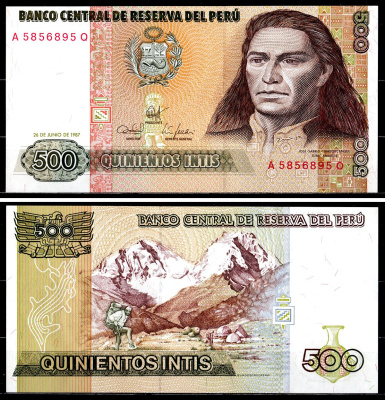 Перу 500 интис 1987 Хосе Габриель, Тупак Амару II, южноамериканский революционер Pick 134 b бумага UNC (пресс) 7554-14-4-2