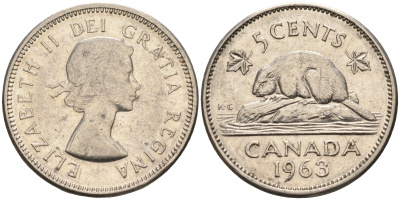 Канада 5 центов 1963 Елизавета II, бобер KM 57 никель    4148-1221